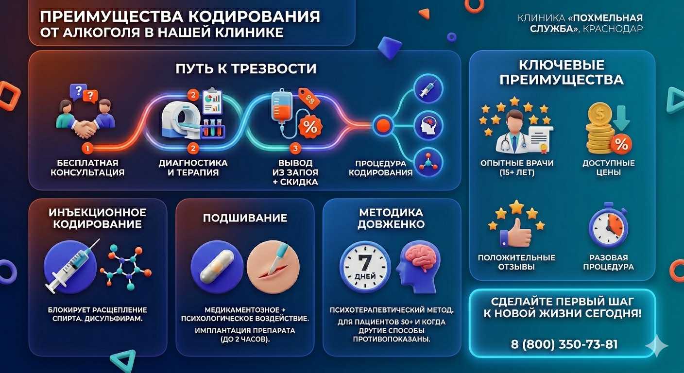 Инфографика о методах кодирования от алкоголя в Полысаево: инъекции, подшивание, метод Довженко. Преимущества клиники и этапы лечения.